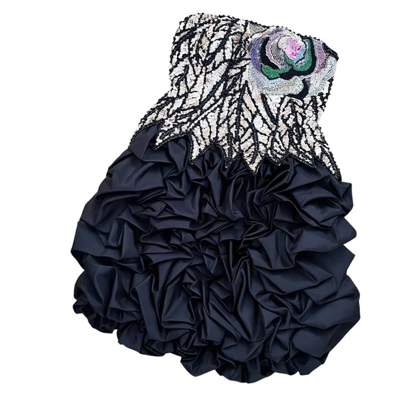 Vintage 1980s Black Bubble Hem Ruffled Boned Strapless Sequin Dress RARE XS - Picture 15 of 16